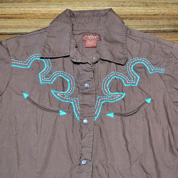 Life Style LS Pearl Snap Dark Brown Western Shirt w/Embroidery Decoration-Medium - Picture 2 of 6